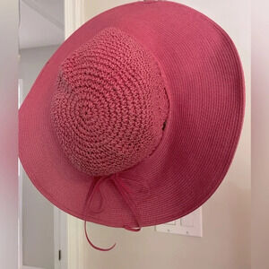 Scala Collezione Vintage Pink crochet and paper hat. Thin pink tie around top.